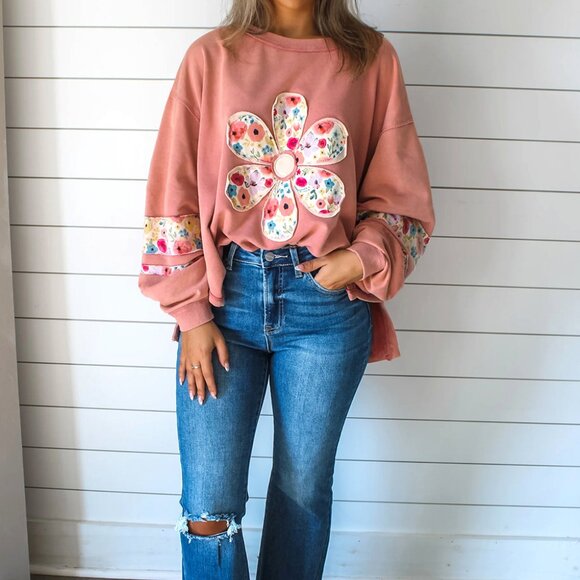 B291 Peach Blossom Flower Applique Patchwork Drop Sleeve Pullover Sweatshirt - Picture 4 of 4
